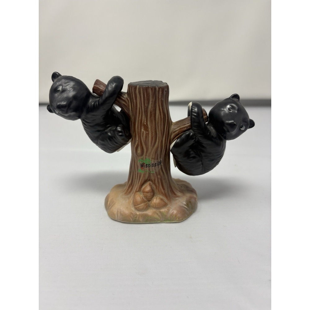 Vintage Japan Ceramic Black White Bear Cubs Hanging Tree Salt Pepper Shakers MCM